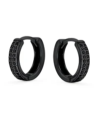 Bling Jewelry Black Pave Cz Cubic Zirconia Micro 2 Row Huggie Hoop Earrings Ip Sterling Silver .30 Diameter