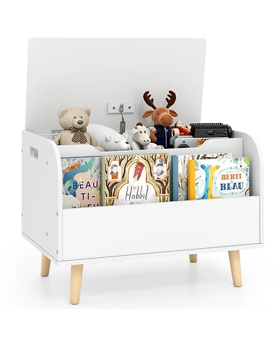 Gouun Kids Wooden Toy Box with Front Bookshelf and Safety Hinge, 23.5 x 16 x 17