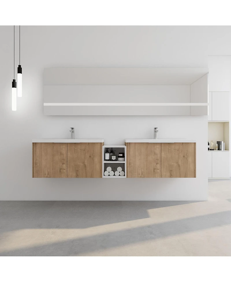 Sillysis Wall Mounted Double Bathroom Vanity with Resin Sinks, Plywood Cabinets and Open Storage for Modern Bathrooms