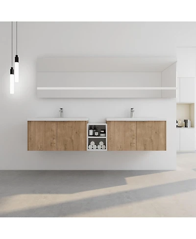Sillysis Wall Mounted Double Bathroom Vanity with Resin Sinks, Plywood Cabinets and Open Storage for Modern Bathrooms
