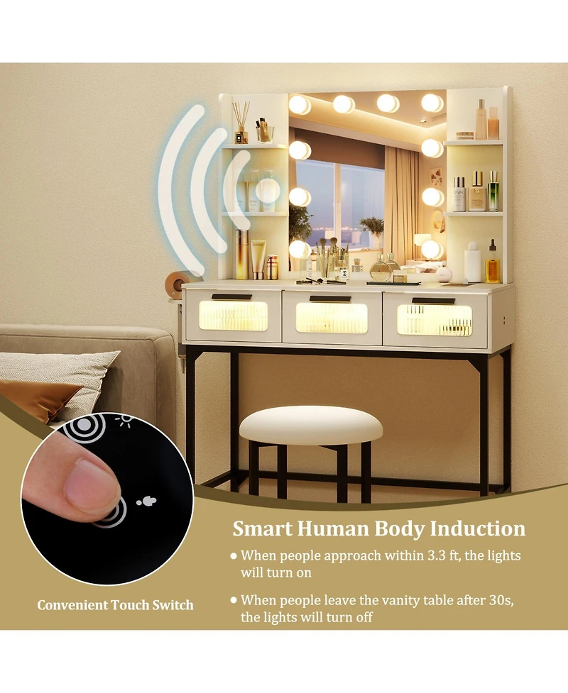 Volenca Hollywood-Style Lighted Vanity Desk with Usb-c, Stool