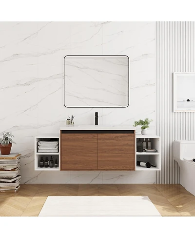 Sillysis Wall Mounted Bathroom Vanity with Resin Sink and Open Storage Shelves for Small Modern