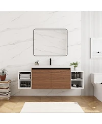 Sillysis Wall Mounted Bathroom Vanity with Resin Sink and Open Storage Shelves for Small Modern