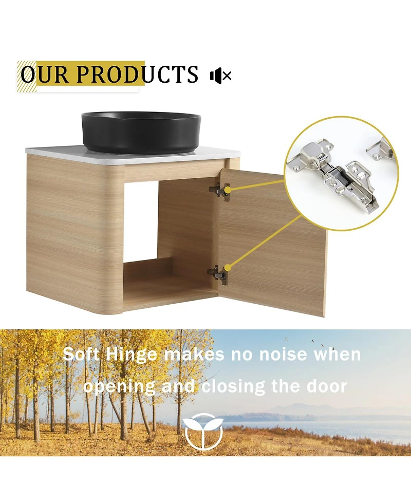 Sillysis Wall Mounted Bathroom Vanity with Ceramic Vessel Sink, Stone Top and Storage Shelves for Modern Bathrooms