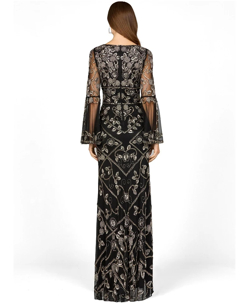 Lara Women's Bell Sleeved High Neck Beaded Gown