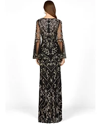 Lara Women's Bell Sleeved High Neck Beaded Gown