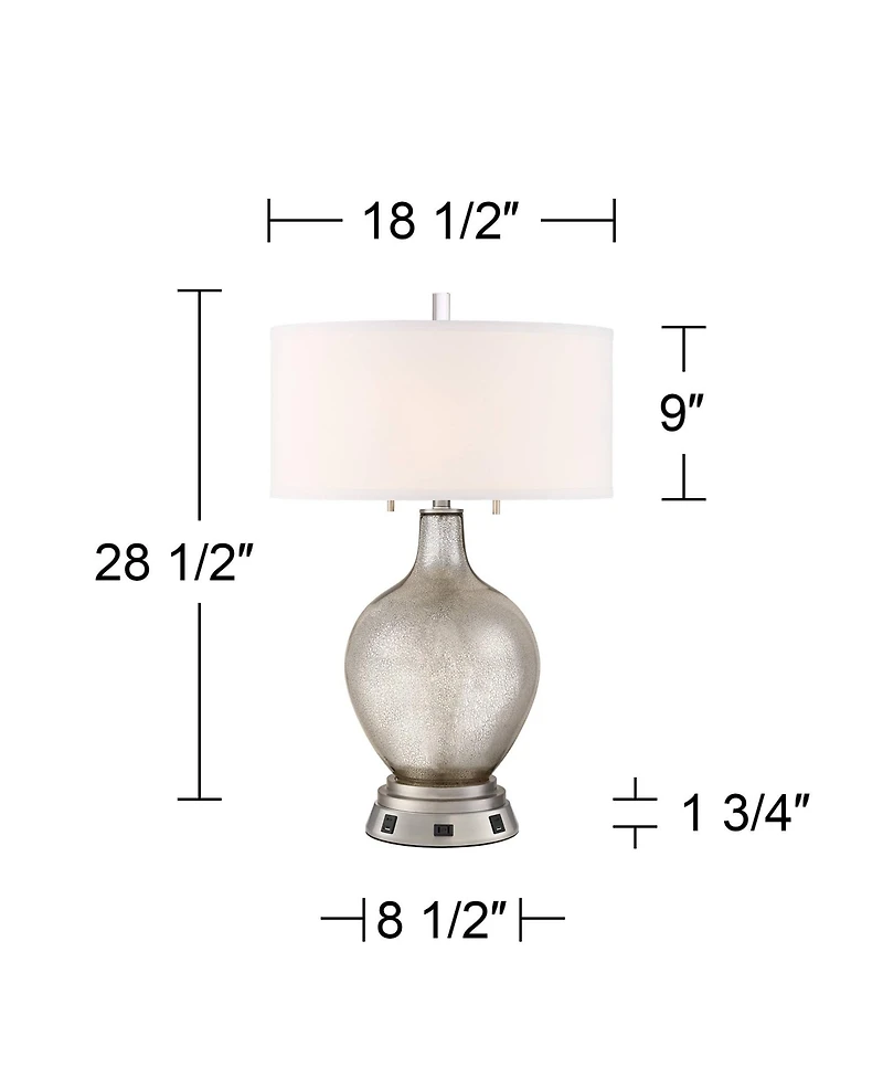 Possini Euro Design Louie Modern Table Lamp 28 1/2" Tall Mercury with Usb and Ac Power Outlet in Base Glass Drum Shade for Bedroom Living Room Bedside