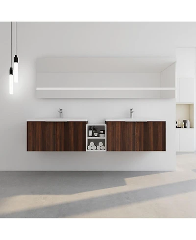 Sillysis Wall Mounted Double Bathroom Vanity with Resin Sinks, Plywood Cabinets and Open Storage for Modern Bathrooms