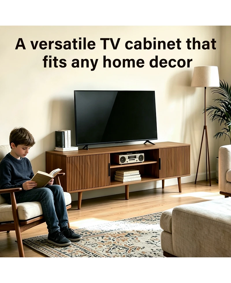 Rainsken Fluted Tv Stands, with Storage and Open Shelves, Mid Century Modern Entertainment Center, for Living Room, Bedroom