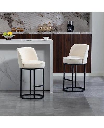 Rainsken Modern Barrel Bar Stools Set of 2 Linen Fabric Upholstered Counter Height Chairs with Back and Footrest for Kitchen Island