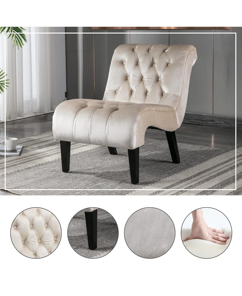 Rainsken Comfy Velvet Accent Chair, with Tufted Backrest, Upholstered Armless Side Solid Rubber Wood Legs, for Bedroom, Living Room
