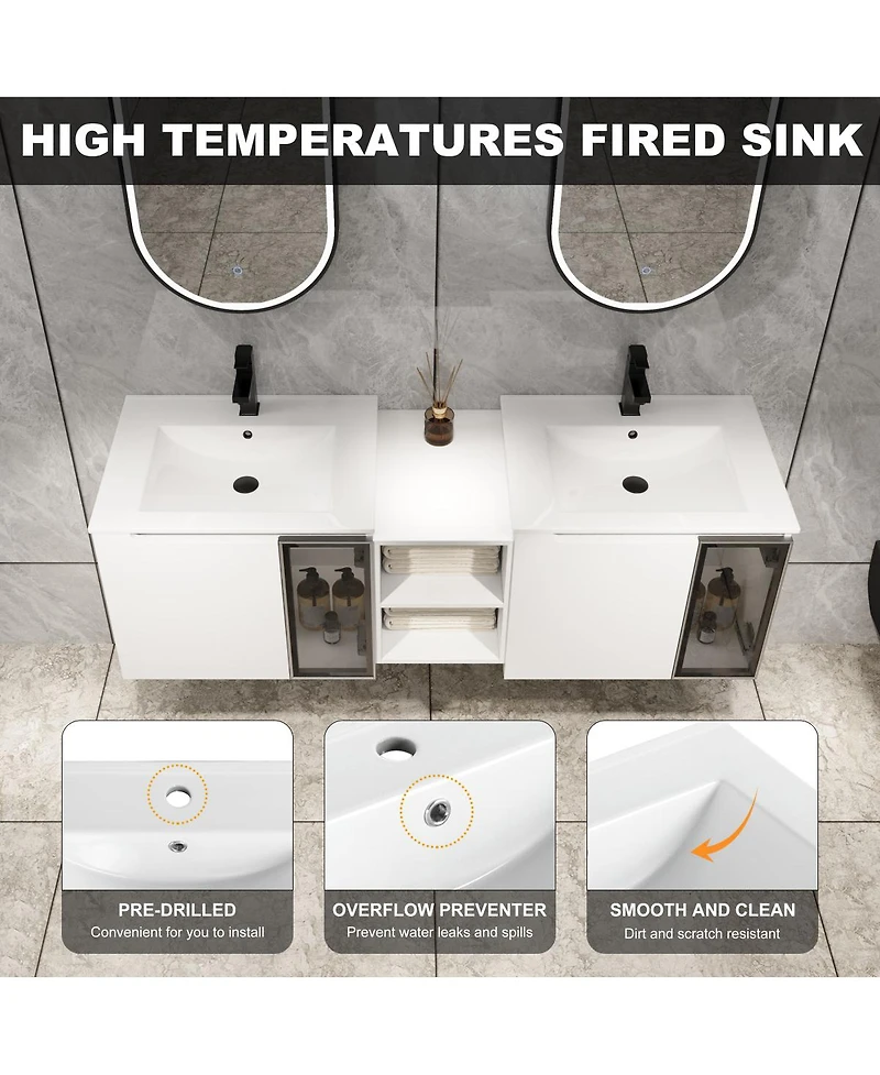 Sillysis Double Sink Wall Mounted Bathroom Vanity with Ceramic Basin, Modern Floating Plywood Cabinet