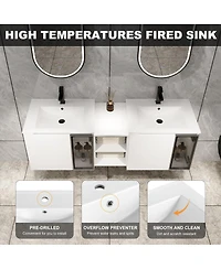 Sillysis Double Sink Wall Mounted Bathroom Vanity with Ceramic Basin, Modern Floating Plywood Cabinet