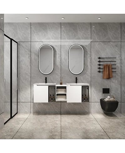Sillysis Double Sink Wall Mounted Bathroom Vanity with Ceramic Basin, Modern Floating Plywood Cabinet
