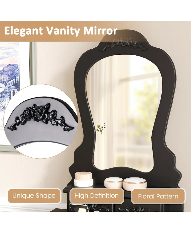 Volenca 3-Drawer Makeup Vanity Set with Fan-Shape Mirror, Cushioned Stool, Black
