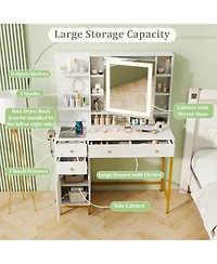Volenca Vanity Desk with 3-Mode Lighting, Cabinet, and Stool, Trim