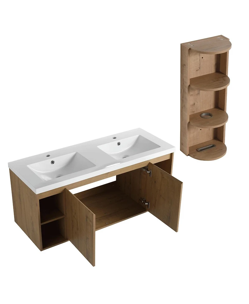 Sillysis 47.6 Inch Wall Mounted Double Sink Bathroom Vanity with Storage Rack, Open Shelves and Soft Close Doors, Modern Plywood Cabinet