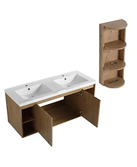 Sillysis 47.6 Inch Wall Mounted Double Sink Bathroom Vanity with Storage Rack, Open Shelves and Soft Close Doors, Modern Plywood Cabinet