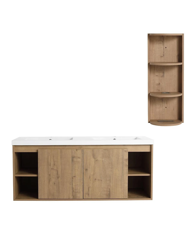 Sillysis 47.6 Inch Wall Mounted Double Sink Bathroom Vanity with Storage Rack, Open Shelves and Soft Close Doors, Modern Plywood Cabinet