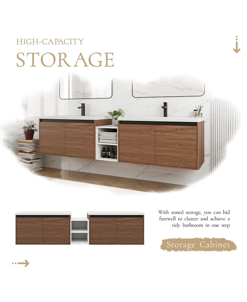 Sillysis Wall Mounted Double Bathroom Vanity with Dual Resin Sinks Open Storage Shelves for Modern Master Bath