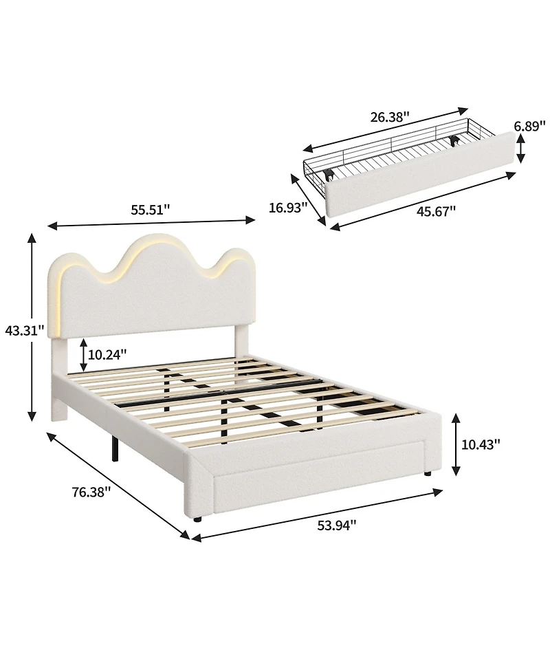 homfan Led Upholstered Platform Bed, Adjustable Petal Headboard, Storage Drawer, Boucle Lamb Fleece, Wood Slats