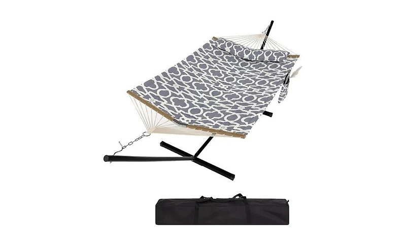 gaomon Double Hammock with Stand for 2 Persons – 475 Lbs Capacity, Breathable Cotton Rope Portable Hammock with Reversible Quilted Pad and Pillow