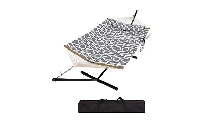 gaomon Double Hammock with Stand for 2 Persons – 475 Lbs Capacity, Breathable Cotton Rope Portable Hammock with Reversible Quilted Pad and Pillow