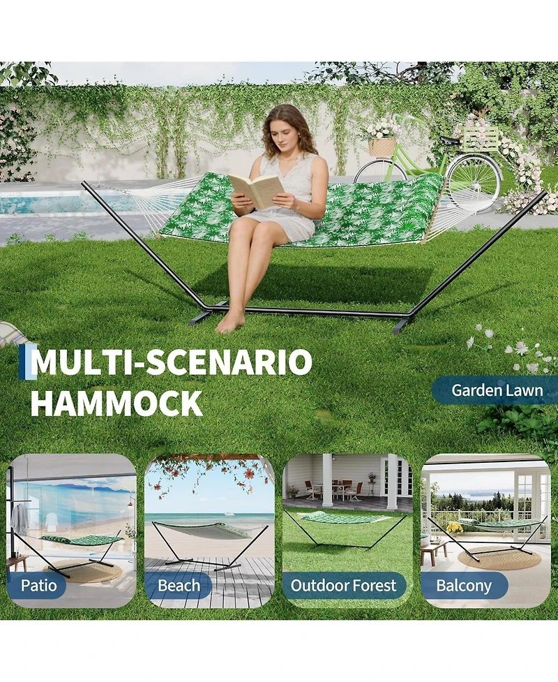 gaomon Double Hammock with Stand - 2-Person Cotton Rope Hammock with Polyester Quilted Pad and Pillow, 475 Lbs Capacity Portable Hammock for Garden