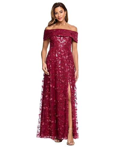 Xscape Petite 3D Embellished Mesh Off-The-Shoulder Ball Gown