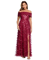 Xscape Petite 3D Embellished Mesh Off-The-Shoulder Ball Gown