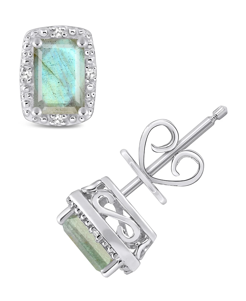 Onyx & Diamond Accent Rectangle Stud Earrings Sterling Silver (Also Turquoise Labradorite)