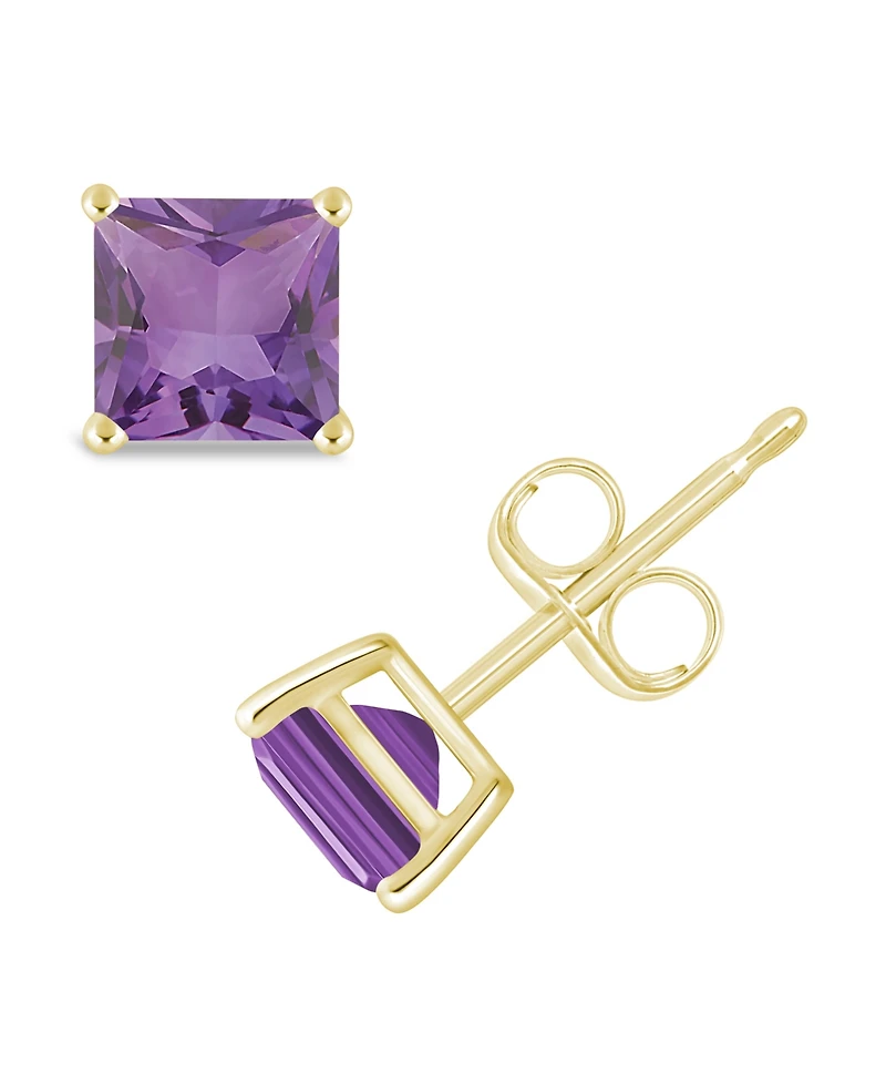 Princess-cut Gemstone Stud Earrings 14K Yellow Gold