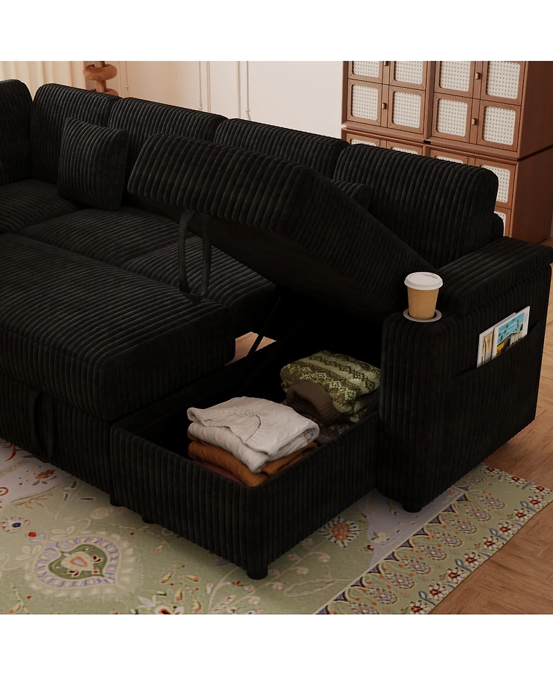 Streamdale Furniture 100'' U-Shaped Corduroy Sofa Bed with Usb Storage and Cup Holders