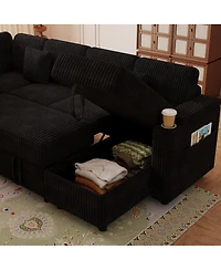 Streamdale Furniture 100'' U-Shaped Corduroy Sofa Bed with Usb Storage and Cup Holders