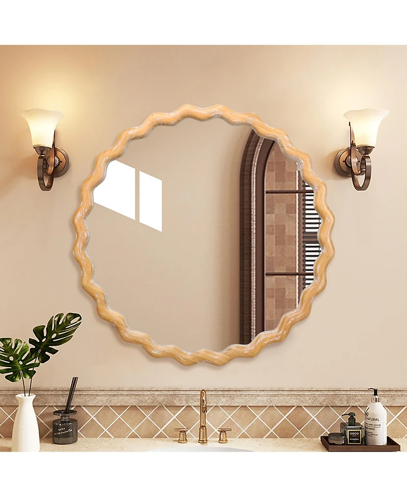 Midola 27.5" Round Wavy Wall Mirror for Bathroom Vanity, Wooden Farmhouse Circle Mirrors for Bedroom, Entryway, Living Room, Kitchen