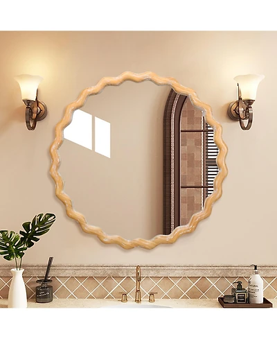 Midola 27.5" Round Wavy Wall Mirror for Bathroom Vanity, Wooden Farmhouse Circle Mirrors for Bedroom, Entryway, Living Room, Kitchen