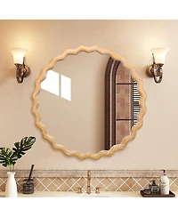 Midola 27.5" Round Wavy Wall Mirror for Bathroom Vanity, Wooden Farmhouse Circle Mirrors for Bedroom, Entryway, Living Room, Kitchen