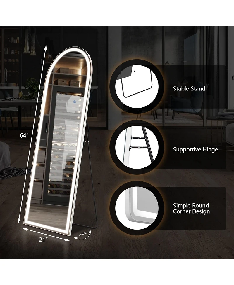 Busdays 64x21 Inch Arched Led Full Length Mirror Aluminum Frame Polished Glass Floor Mirror for Bedroom