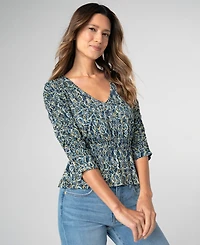 Liverpool Los Angeles Women's Ruched Sleeve V-Neck Knit Top