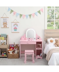 homfan Elegant Vanity Desk with Mirror and Lights, Princess Makeup Table Stool, Drawer Open Storage Shelves, Wooden Dressing