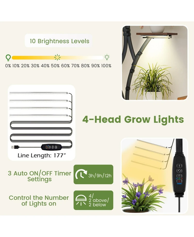 Gouun 8-Tier Corner Metal Plant Stand 58 in Tall with 4-Head Grow Lights