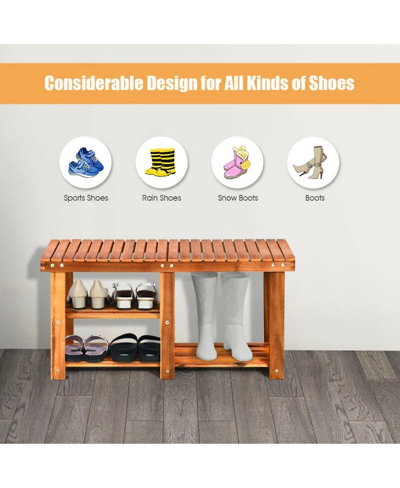 Gouun 3-Tier Freestanding Wooden Shoe Organizer Storage Rack with Bench Seat