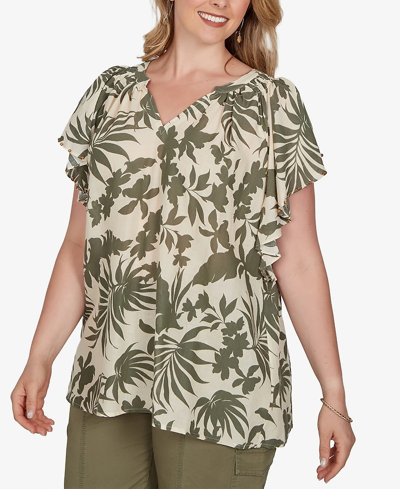 Ruby Rd. Plus Size Tropical Print Gauze Flutter-Sleeve Top