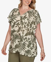 Ruby Rd. Plus Size Tropical Print Gauze Flutter-Sleeve Top
