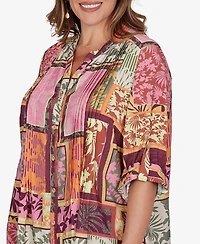 Ruby Rd. Plus Tropical Patchwork Voile Button Front Top
