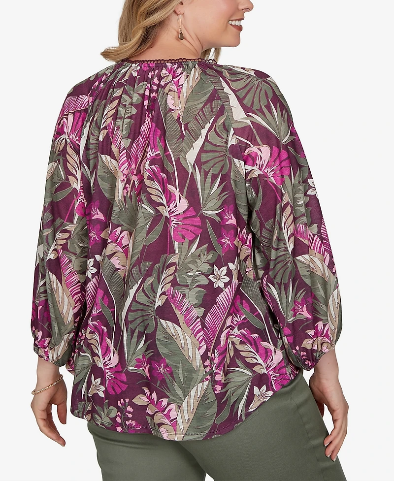 Ruby Rd. Plus Tropical Print Knit Tassel Top