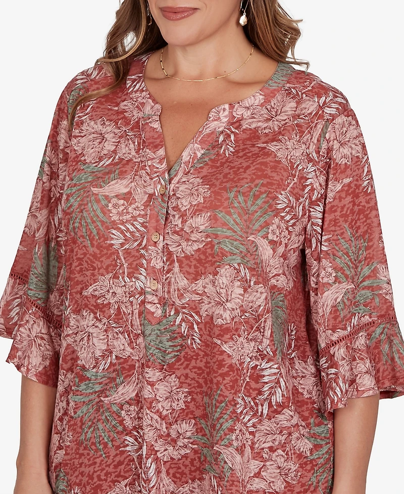 Ruby Rd. Plus Tropical Floral Burnout Split Neck Top