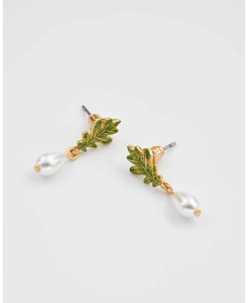 Fable England Oak Leaf Pearl Drop Gold Earrings