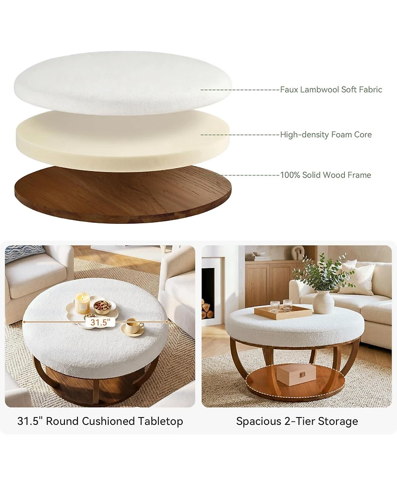 Tribesigns 31.5" Round Storage Ottoman Coffee Table, 2-Tier Modern Circle Upholstered Coffee Table with Storage and Solid Wood Base