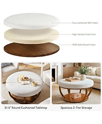 Tribesigns 31.5" Round Storage Ottoman Coffee Table, 2-Tier Modern Circle Upholstered Coffee Table with Storage and Solid Wood Base